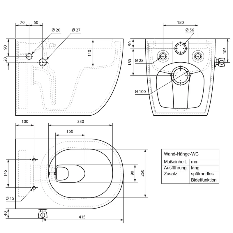 Wand-WC Hänge Toilette aus Keramik 55,5 cm lang Spülrandlos mit Bidet & Softclose Luxebath