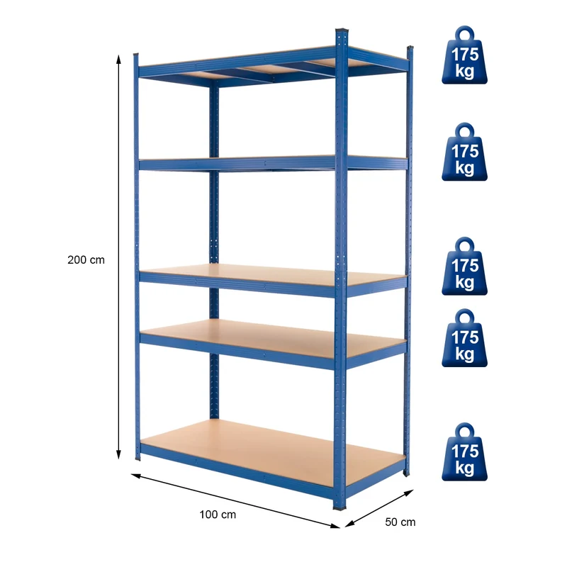 Werkstattregal 200x100x50 cm Blau aus Metall und MDF Holzfaserplatte bis 875 kg