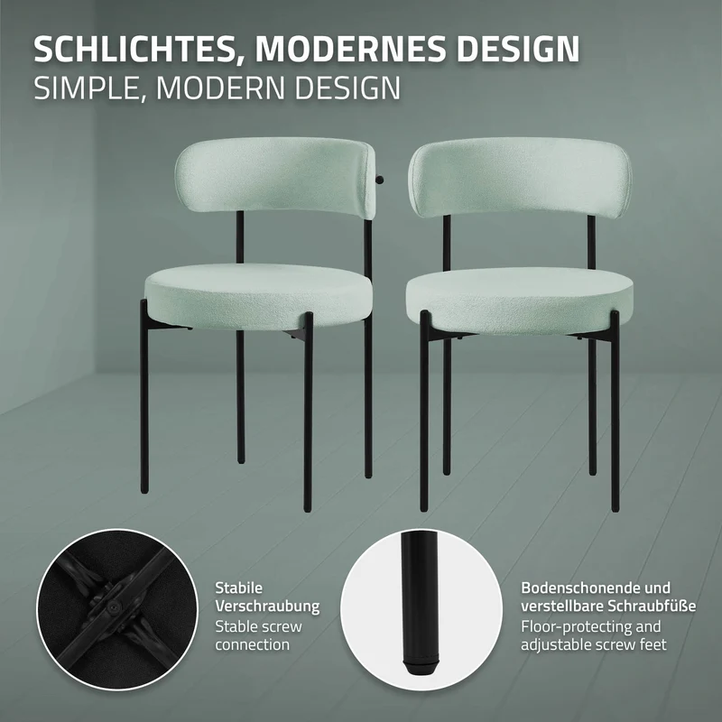 Esszimmerstuhl 4er Set mit Teddystoff mit Rückenlehne Grün Küchenstuhl ML-Design