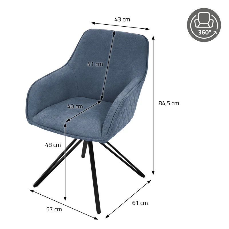 Esszimmerstuhl drehbar 2er Set Blau aus Textil Webstoff Küchenstuhl mit Rücken- und Armlehne ML-Design