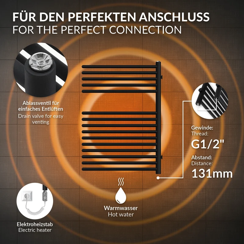 Elektrischer Badheizkörper mit Heizstab 300W 500x800 mm Schwarz matt mit Thermostat Digitalanzeige LuxeBath