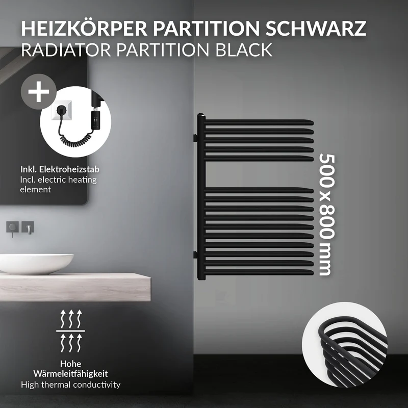 Elektrischer Badheizkörper mit Heizstab 300W 500x800 mm Schwarz matt mit Thermostat Touchbedienung LuxeBath