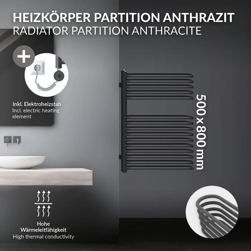 Elektrischer Badheizkörper mit Heizstab 600W 500x800 mm Anthrazit mit Thermostat Digitalanzeige LuxeBath
