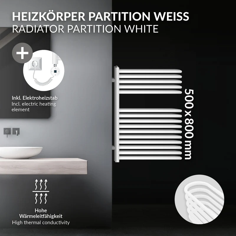 Elektrischer Badheizkörper mit Heizstab 600W 500x800 mm Weiß mit Thermostat Digitalanzeige LuxeBath