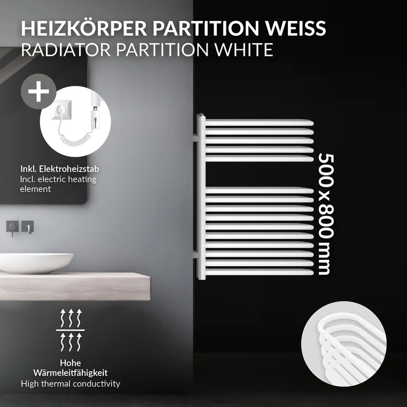 Elektrischer Badheizkörper mit Heizstab 300W 500x800 mm Weiß mit Thermostat Touchbedienung LuxeBath