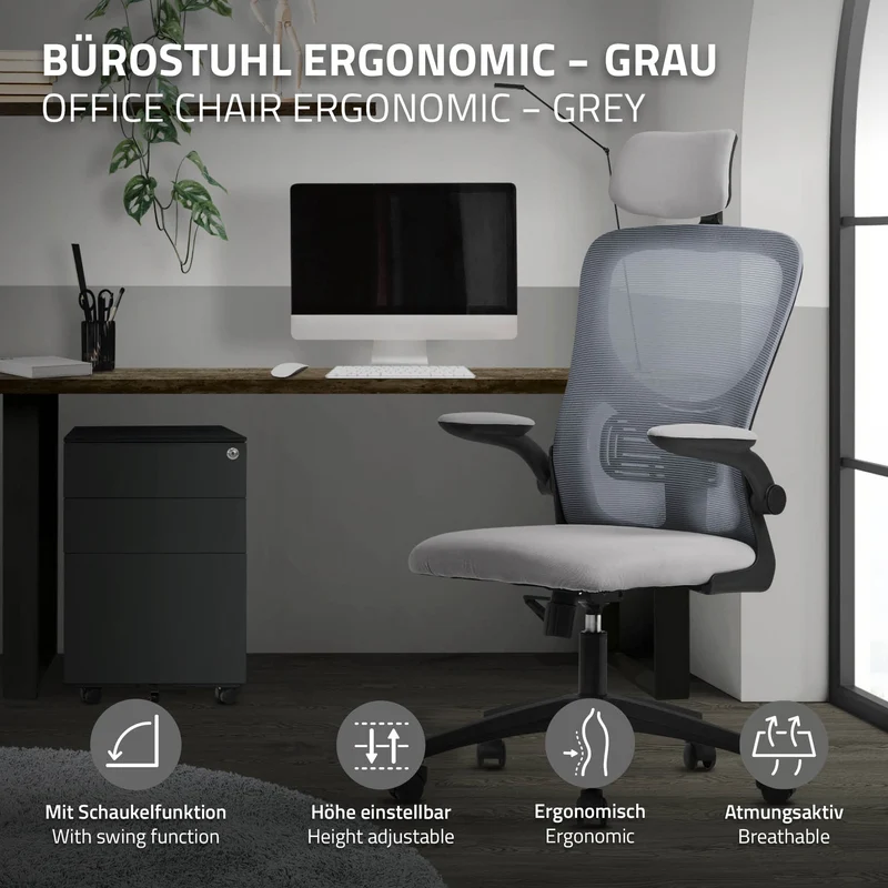 Ergonomischer Bürostuhl Grau Netzgewebe mit verstellbarer Kopfstütze und Rollen ML-Design