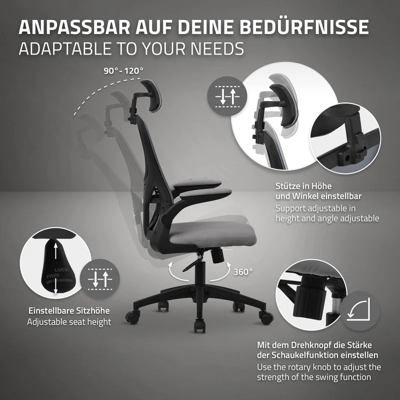 Ergonomischer Bürostuhl Grau Netzgewebe mit verstellbarer Kopfstütze und Rollen ML-Design