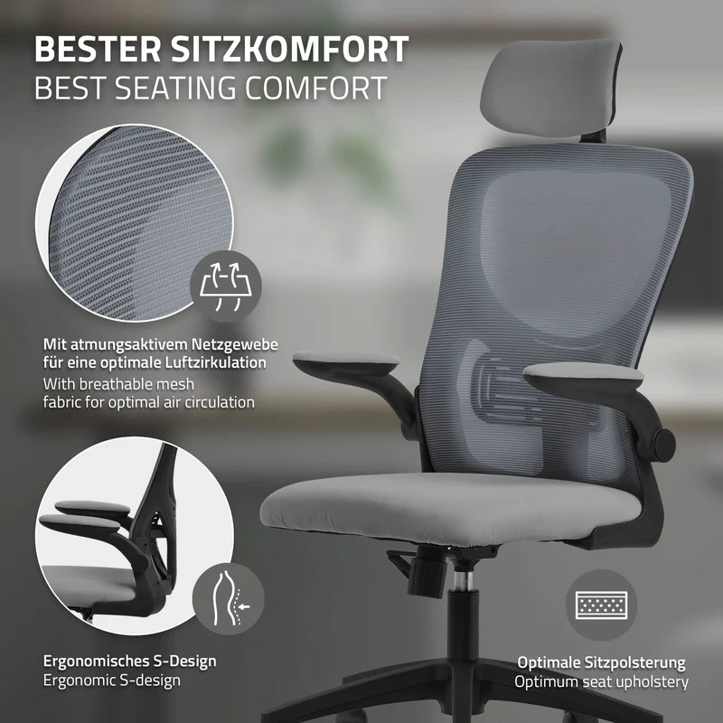 Ergonomischer Bürostuhl Grau Netzgewebe mit verstellbarer Kopfstütze und Rollen ML-Design