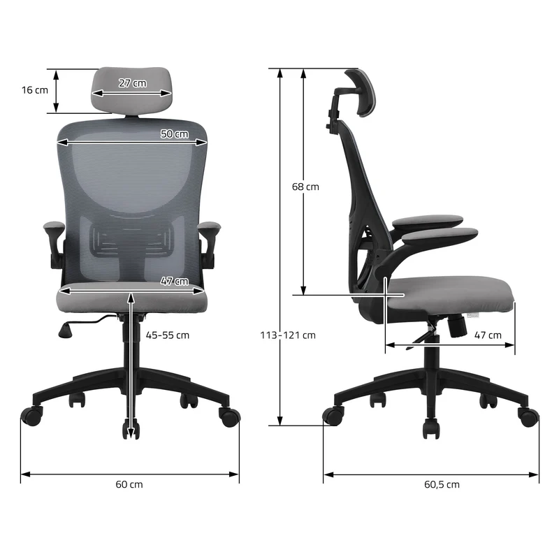Ergonomischer Bürostuhl Grau Netzgewebe mit verstellbarer Kopfstütze und Rollen ML-Design