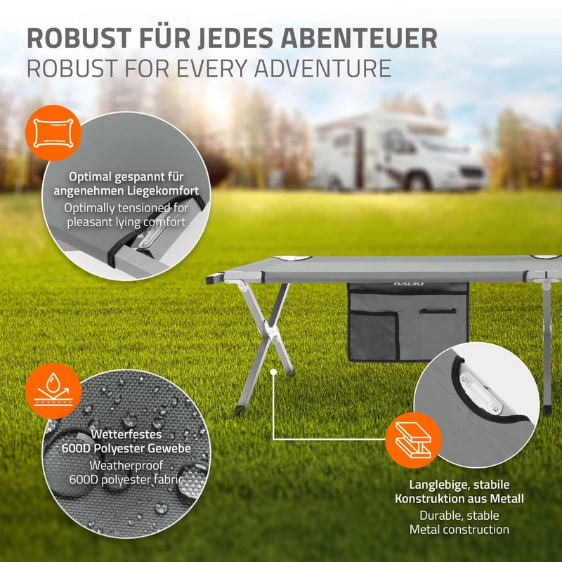 Campingbett Feldbett klappbar 210x83x46 cm Grau mit Tragetasche bis 150 kg HAUKI