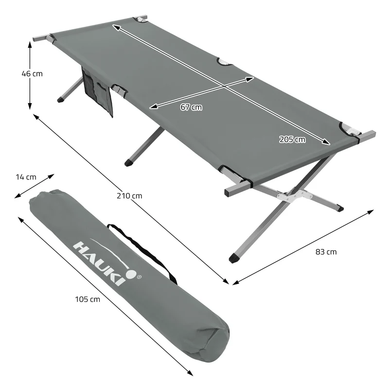 Campingbett Feldbett klappbar 210x83x46 cm Grau mit Tragetasche bis 150 kg HAUKI