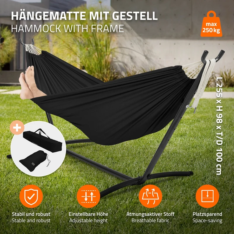 XXL Hängematte mit Stahlgestell bis 250 kg Schwarz inkl. Tragetasche ML-Design