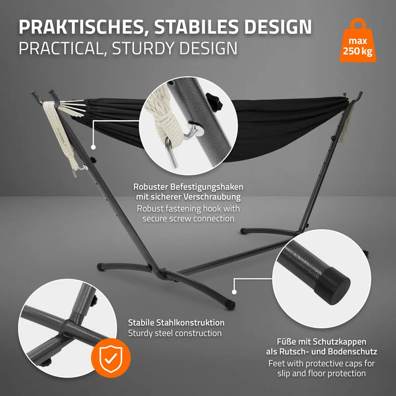 XXL Hängematte mit Stahlgestell bis 250 kg Schwarz inkl. Tragetasche ML-Design