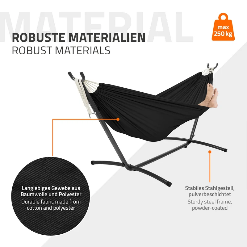 XXL Hängematte mit Stahlgestell bis 250 kg Schwarz inkl. Tragetasche ML-Design