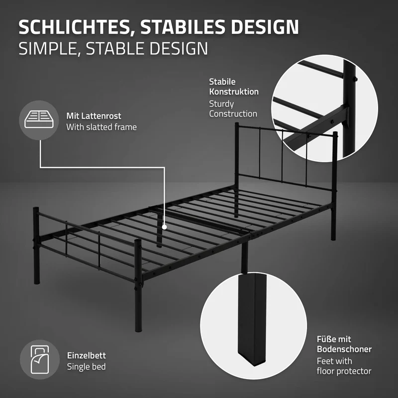Bettgestell Einzelbett 90x200cm aus Metall in Schwarz mit Lattenrost & Matratze H-16cm ML-Design