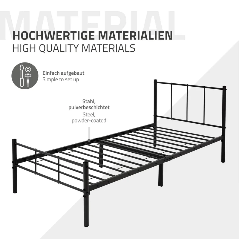 Bettgestell Einzelbett 90x200cm aus Metall in Schwarz mit Lattenrost & Matratze H-16cm ML-Design