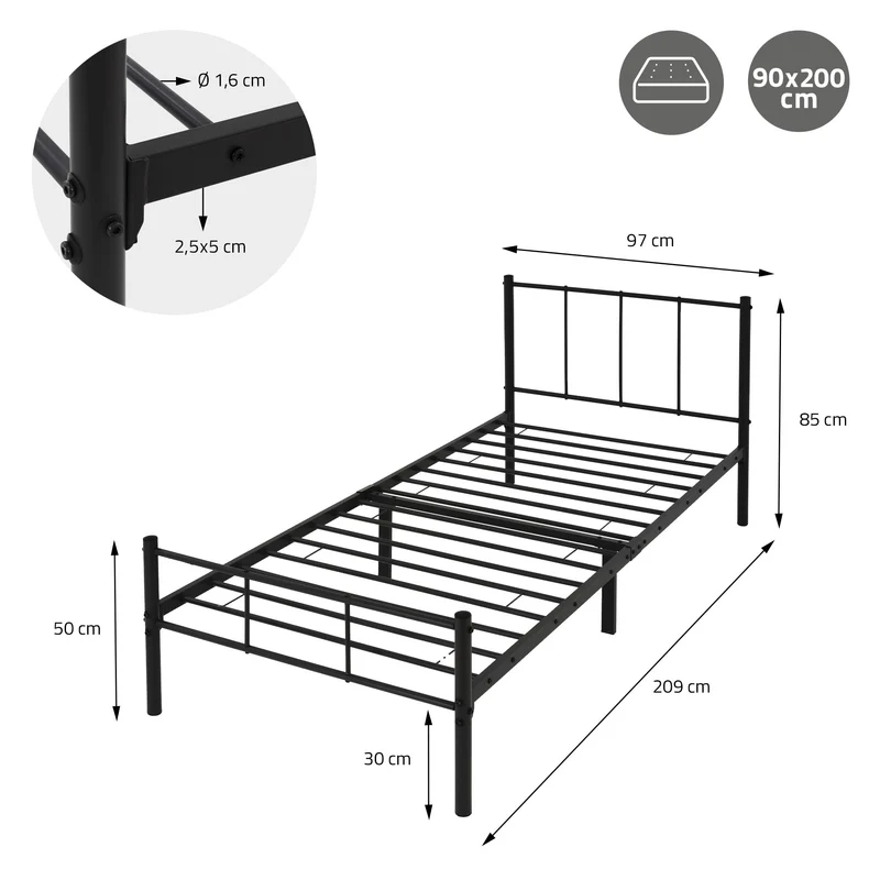 Bettgestell Einzelbett 90x200cm aus Metall in Schwarz mit Lattenrost & Matratze H-16cm ML-Design