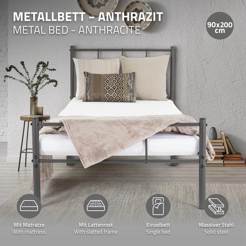Bettgestell Einzelbett 90x200cm aus Metall in Anthrazit mit Lattenrost & Matratze H-16cm ML-Design