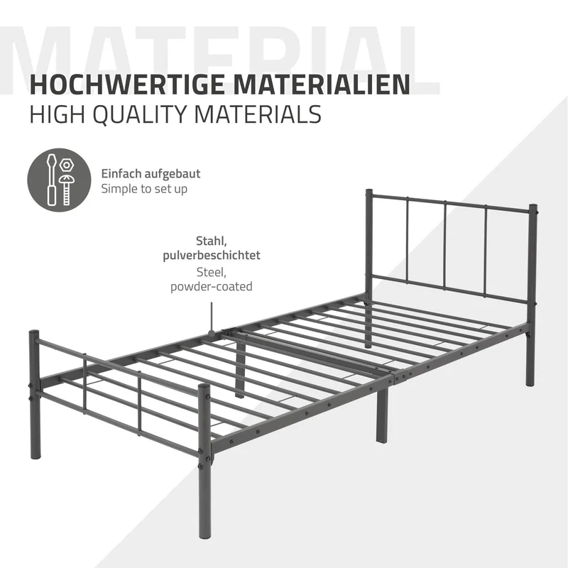 Bettgestell Einzelbett 90x200cm aus Metall in Anthrazit mit Lattenrost & Matratze H-16cm ML-Design