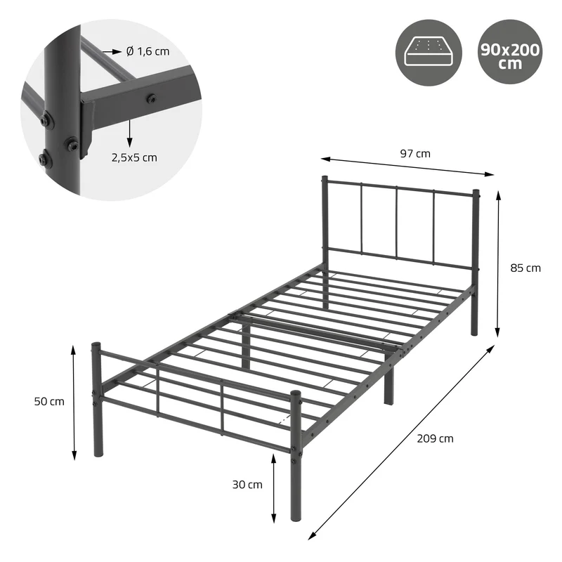Bettgestell Einzelbett 90x200cm aus Metall in Anthrazit mit Lattenrost & Matratze H-16cm ML-Design