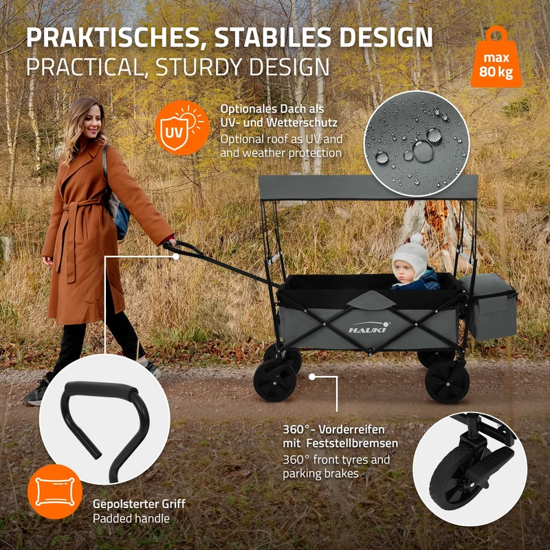 HAUKI | Bollerwagen faltbar mit Dach und Tasche bis 80 kg aus Stahl Grau Transportwagen Handwagen klappbar für Kinder, Picknick, Camping & Garten