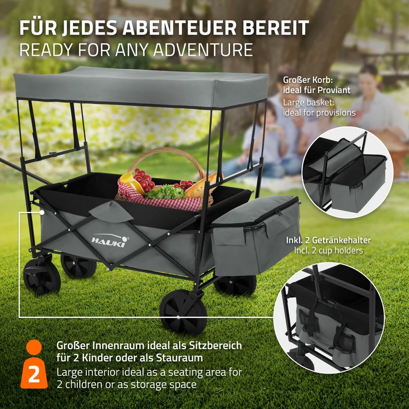 HAUKI | Bollerwagen faltbar mit Dach und Tasche bis 80 kg aus Stahl Grau Transportwagen Handwagen klappbar für Kinder, Picknick, Camping & Garten