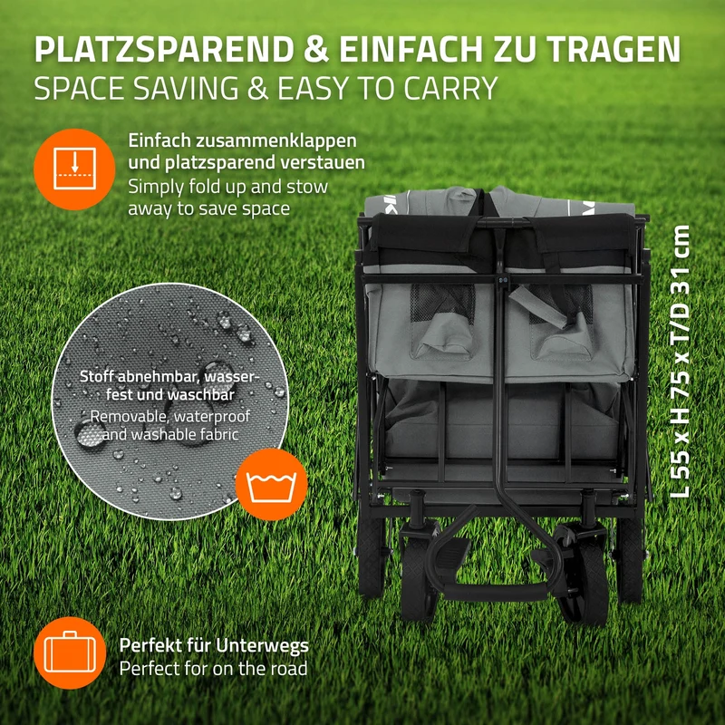 HAUKI | Bollerwagen faltbar mit Dach und Tasche bis 80 kg aus Stahl Grau Transportwagen Handwagen klappbar für Kinder, Picknick, Camping & Garten