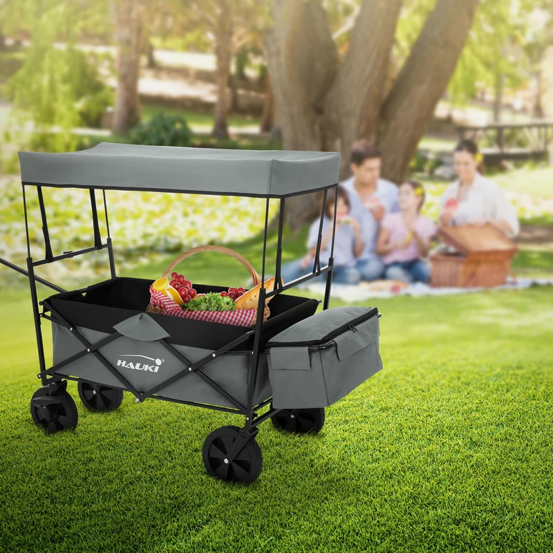 HAUKI | Bollerwagen faltbar mit Dach und Tasche bis 80 kg aus Stahl Grau Transportwagen Handwagen klappbar für Kinder, Picknick, Camping & Garten