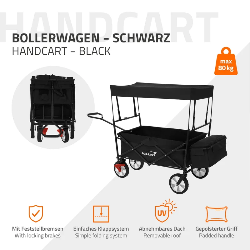 HAUKI | Bollerwagen faltbar mit Dach und Tasche bis 80 kg aus Stahl Schwarz Transportwagen Handwagen klappbar für Kinder, Picknick, Camping & Garten