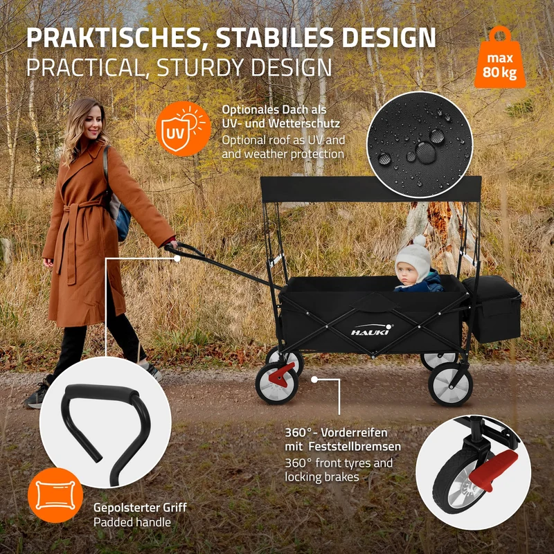 HAUKI | Bollerwagen faltbar mit Dach und Tasche bis 80 kg aus Stahl Schwarz Transportwagen Handwagen klappbar für Kinder, Picknick, Camping & Garten