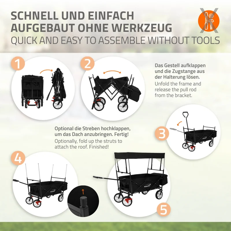 HAUKI | Bollerwagen faltbar mit Dach und Tasche bis 80 kg aus Stahl Schwarz Transportwagen Handwagen klappbar für Kinder, Picknick, Camping & Garten