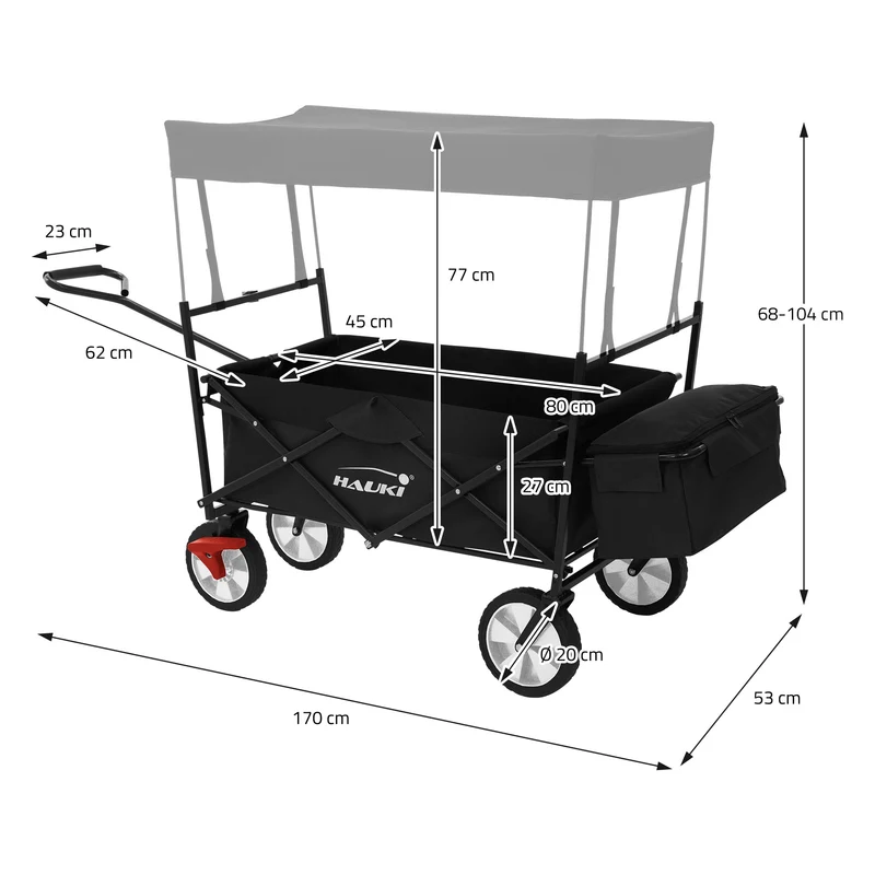 HAUKI | Bollerwagen faltbar mit Dach und Tasche bis 80 kg aus Stahl Schwarz Transportwagen Handwagen klappbar für Kinder, Picknick, Camping & Garten