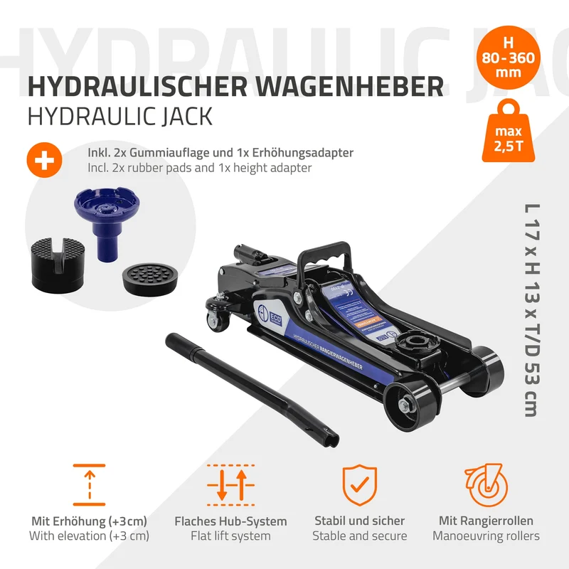 Wagenheber hydraulisch 2,5T Rangierwagenheber tragbar inkl. 2x Gummiauflage & SUV-Adapter
