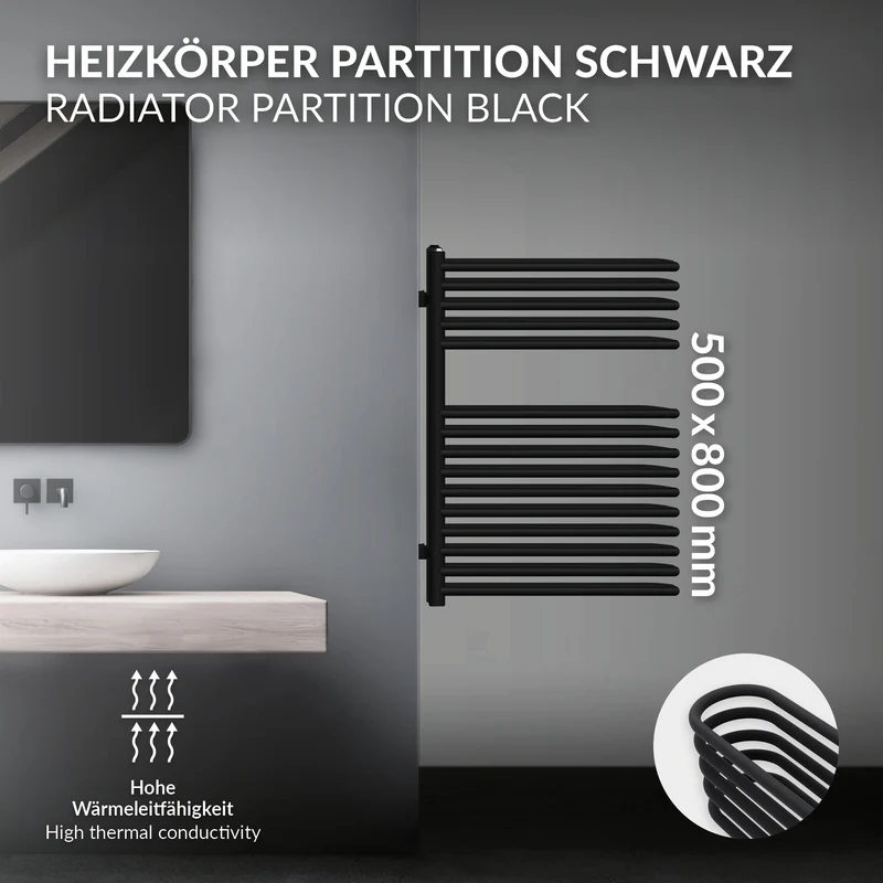 Badheizkörper Raumteiler U-Form 500x800 mm Schwarz matt LuxeBath