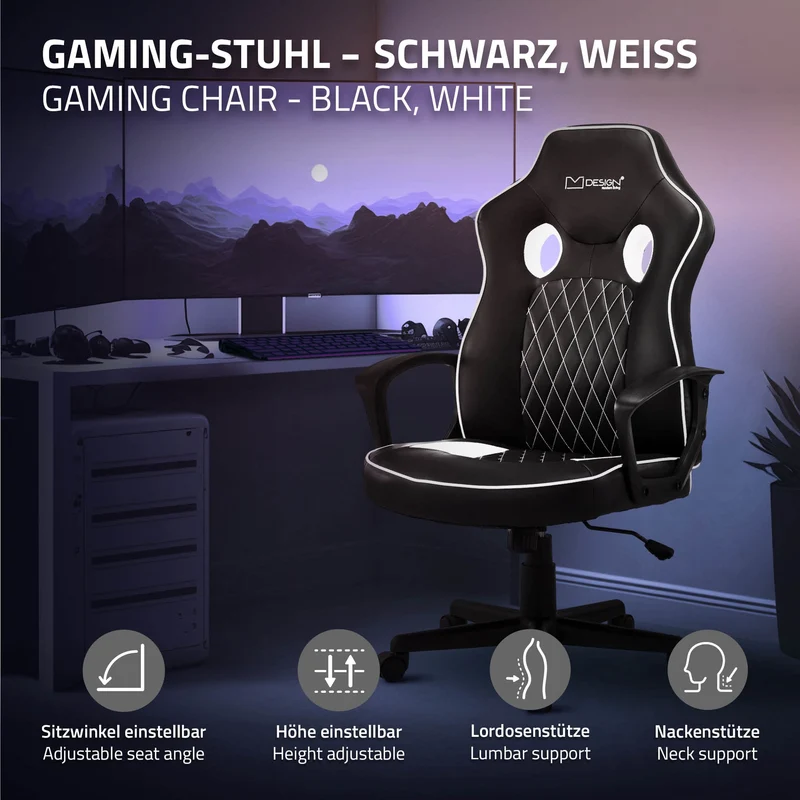 Gamingstuhl mit Wippfunktion breite Sitzfläche Schwarz/Weiß aus Kunstleder ML-Design