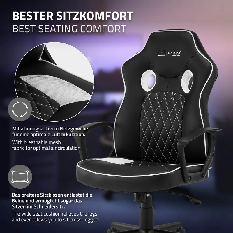 Gamingstuhl mit Wippfunktion breite Sitzfläche Schwarz/Weiß aus Kunstleder ML-Design