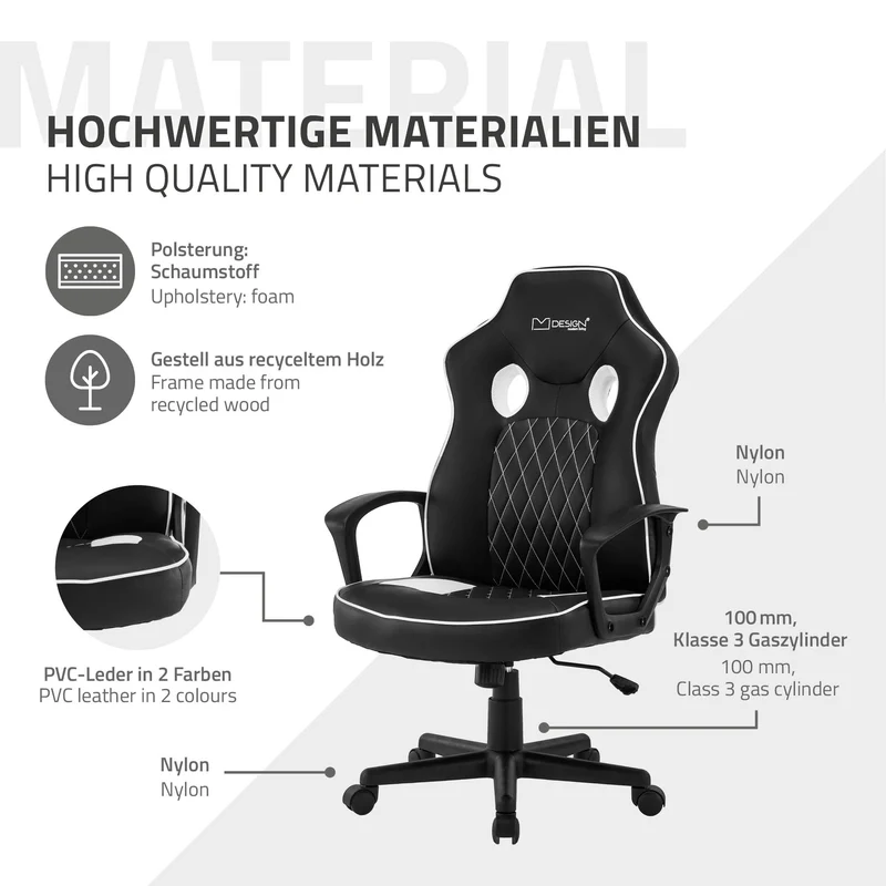 Gamingstuhl mit Wippfunktion breite Sitzfläche Schwarz/Weiß aus Kunstleder ML-Design