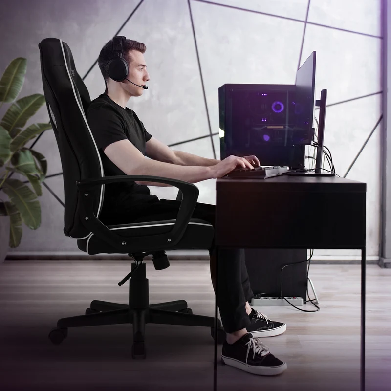 Gamingstuhl mit Wippfunktion breite Sitzfläche Schwarz/Weiß aus Kunstleder ML-Design