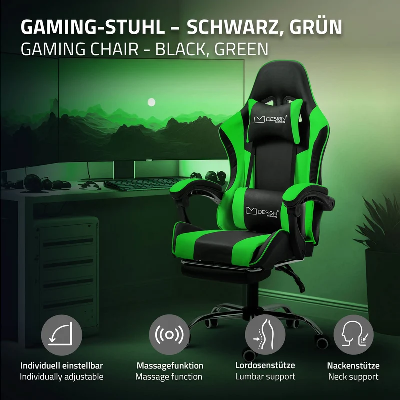 Massage Gaming Stuhl Schwarz/Grün aus PU-Leder ML-Design