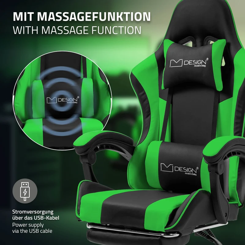 Massage Gaming Stuhl Schwarz/Grün aus PU-Leder ML-Design