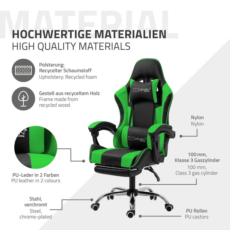 Massage Gaming Stuhl Schwarz/Grün aus PU-Leder ML-Design