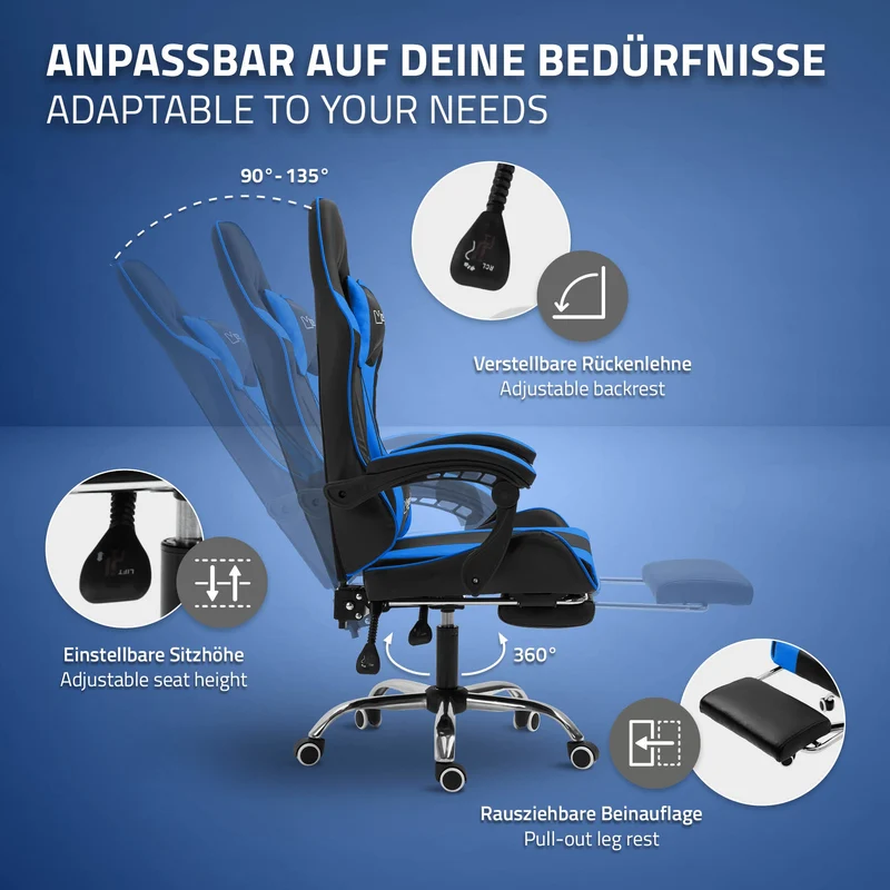 Massage Gaming Stuhl Schwarz/Blau aus PU-Leder ML-Design