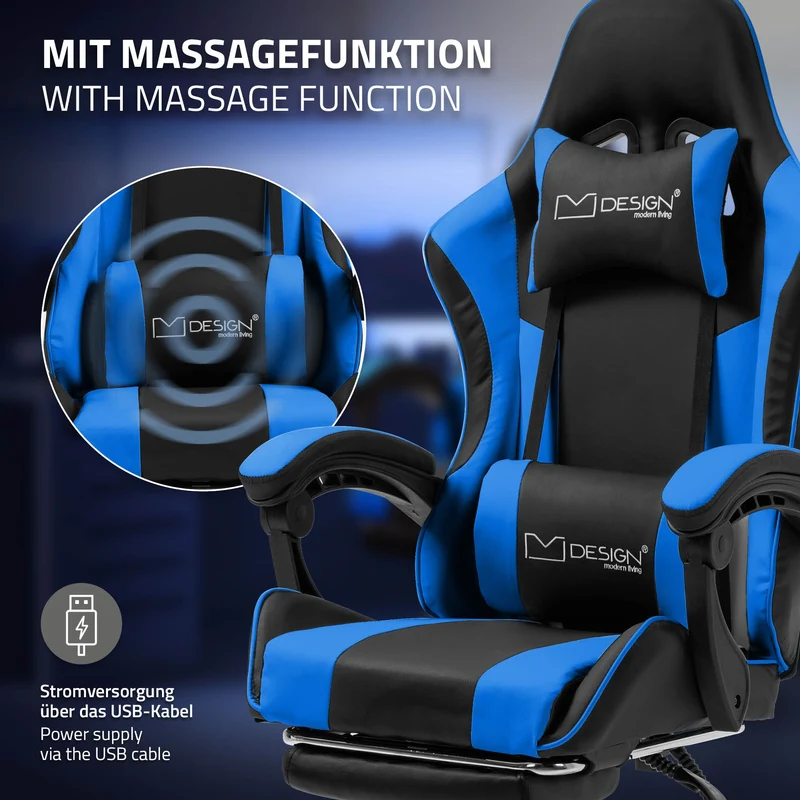 Massage Gaming Stuhl Schwarz/Blau aus PU-Leder ML-Design