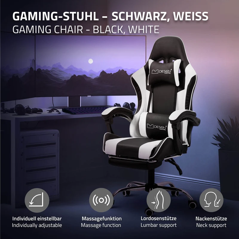 Massage Gaming Stuhl Schwarz/Weiß aus PU-Leder ML-Design