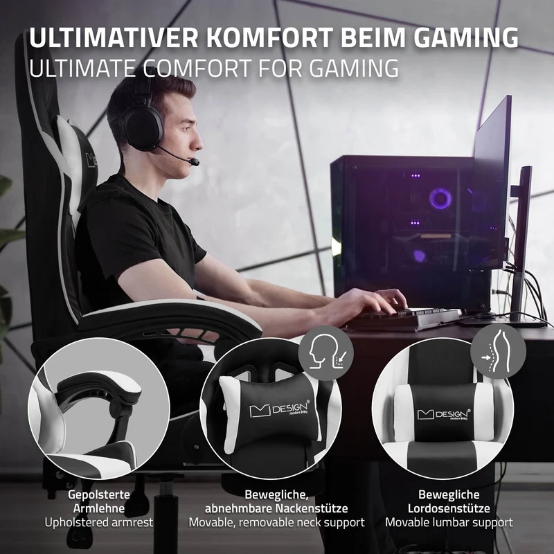 Massage Gaming Stuhl Schwarz/Weiß aus PU-Leder ML-Design