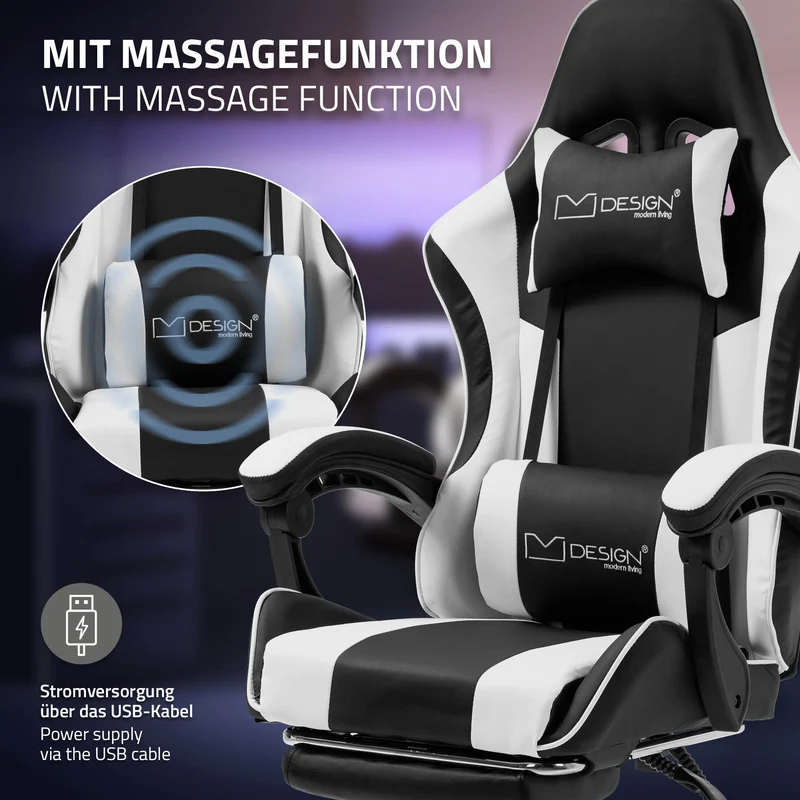 Massage Gaming Stuhl Schwarz/Weiß aus PU-Leder ML-Design