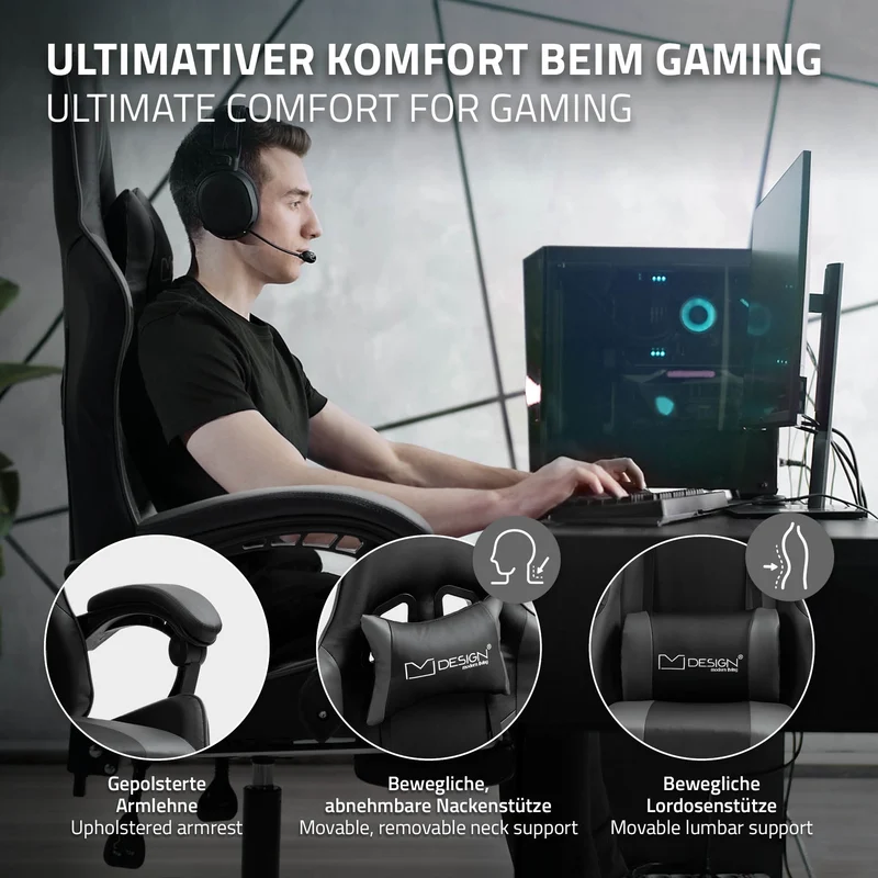 Massage Gaming Stuhl Schwarz/Grau aus PU-Leder ML-Design