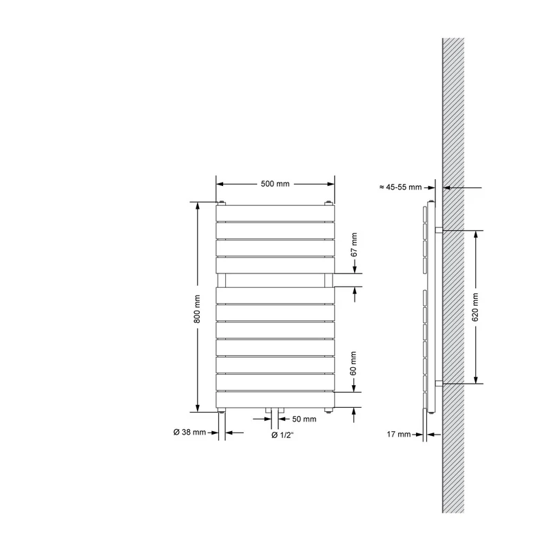 Badheizkörper Mittelanschluss 500x800 mm Weiß mit Wand Anschlussgarnitur LuxeBath
