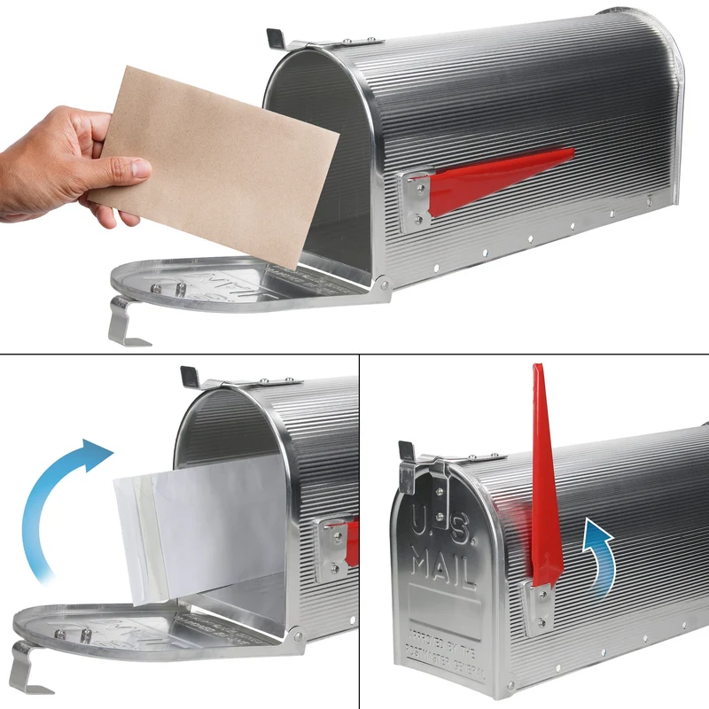 ML-Design US Mailbox mit schwenkbarer Fahne und Standfuß, silber, aus Aluminium