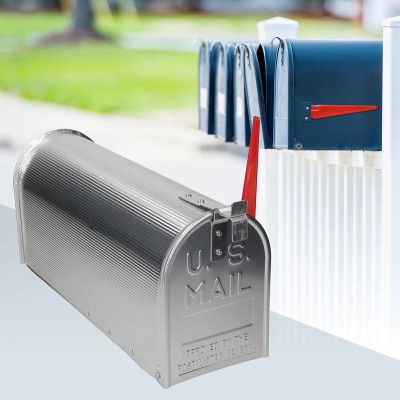 ML-Design US Mailbox mit schwenkbarer Fahne und Standfuß, silber, aus Aluminium